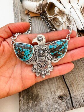 Large Silver Turquoise Western Thunderbird Boho Chain Necklace NEW
